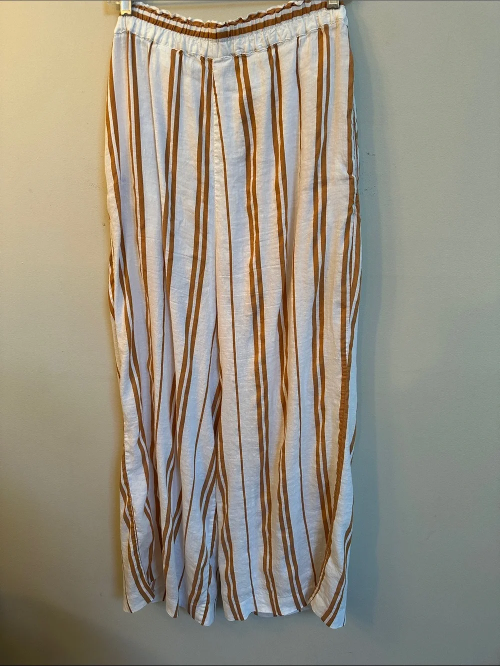 H&M Linen Blend Wide Leg Pants – Cream w/Brown Stripes, Paperbag Waist, Size 10